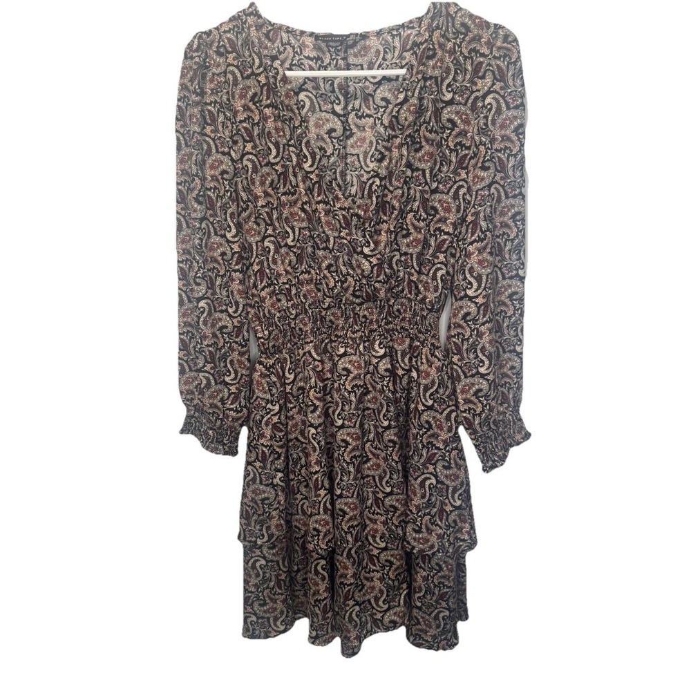 Black Tape Surplice Paisley Smocked Waist Long Sleeve Tired Ruffle Dress S